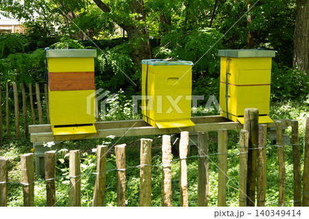 Row of handmade bee houses behind a wooden fence in summer. Row of handmade bee houses behind a wooden fence in summer. 140349414