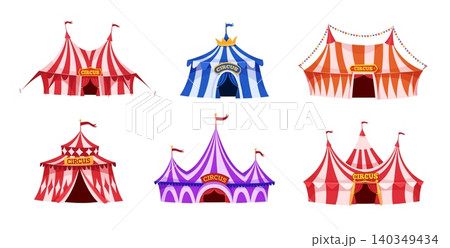 Circus tents. Big striped marquee, fair circus show dome retro carnival vintage amusement park festival canopy tent with red stripes flags cartoon qualitative vector illustration 140349434