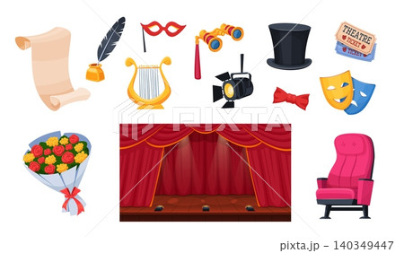 Drama theater elements. Theatre items, actor actress dramatic comedy mask theatrical performance stage tickets flowers musical opera glasses cartoon qualitative vector illustration 140349447