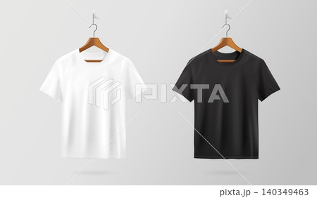 T-shirt hanger. Realistic t shirt mockup, men women white black blank apparel front back design clothing store cotton modern casual template 3d isolated exact vector illustration T-shirt hanger. Realistic t shirt mockup, men women white black blank apparel front back design clothing store cotton modern casual template 3d isolated exact vector illustration 140349463