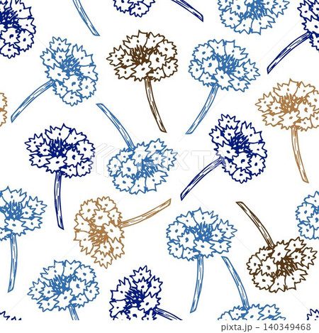 Delicate floral vector seamless pattern in rural style. Hand-drawn blue, brown outline flowers of knapweed on a white background. For prints of fabric, textile products, packaging, paper, clothing. 140349468