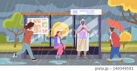 Rainy bus stop. People with umbrella rain weather bad day, city wet street road traffic woman man pavement public transport station storm shelter puddle classy vector illustration 140349501