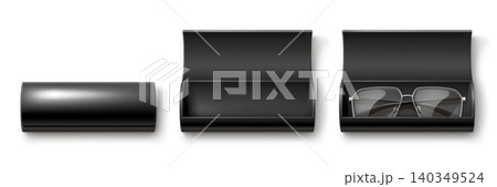 Realistic sunglasses case. Open closed eyeglasses box, 3d eye glasses modern eyewear for reading vision optical lens ocular spectacles top view, isolated garish vector illustration Realistic sunglasses case. Open closed eyeglasses box, 3d eye glasses modern eyewear for reading vision optical lens ocular spectacles top view, isolated garish vector illustration 140349524