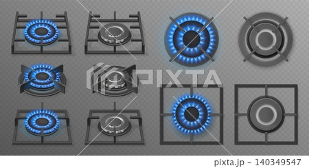 Realistic gas hob. Kitchen stove burners with lit off hobs blue fire flame, oven ring cooker natural gas propane home kitchen cooking hot 3d cooktop set garish vector illustration Realistic gas hob. Kitchen stove burners with lit off hobs blue fire flame, oven ring cooker natural gas propane home kitchen cooking hot 3d cooktop set garish vector illustration 140349547
