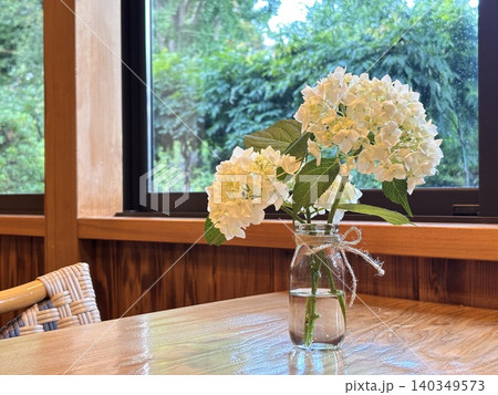 窓際に飾られた白い紫陽花 窓際に飾られた白い紫陽花 140349573