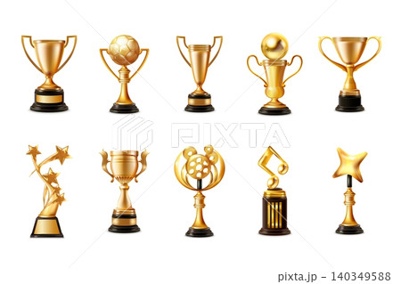 Realistic golden cup. 3d gold cups, winner award prize trophy soccer champion sport team win music movie competition luxury star victory awards isolated exact vector illustration 140349588