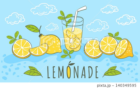 Doodle lemonade background. Hand drawn lemon juice in glass, ice summer drink jar mint leaves fresh soda beverage cup lemon citrus fruit slice cartoon neat vector illustration Doodle lemonade background. Hand drawn lemon juice in glass, ice summer drink jar mint leaves fresh soda beverage cup lemon citrus fruit slice cartoon neat vector illustration 140349595