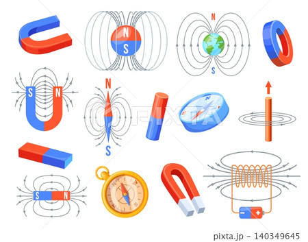 Magnet force. Physics electric flux, magnetic field lines earth compass bar horseshoe magnets attraction repulsion positive negative sides induction set neat vector illustration Magnet force. Physics electric flux, magnetic field lines earth compass bar horseshoe magnets attraction repulsion positive negative sides induction set neat vector illustration 140349645