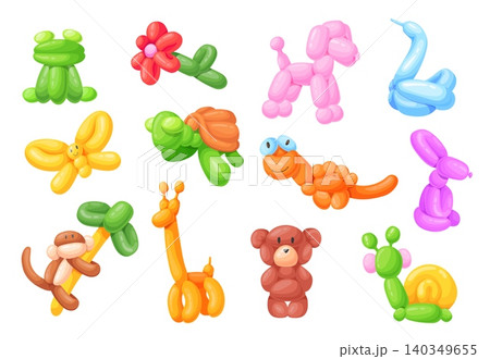 Balloon animals. Inflatable balloons animal shape, birthday party sculpture toy dog pet cute model butterfly flower monkey turtle swan rabbit cartoon set neat vector illustration Balloon animals. Inflatable balloons animal shape, birthday party sculpture toy dog pet cute model butterfly flower monkey turtle swan rabbit cartoon set neat vector illustration 140349655