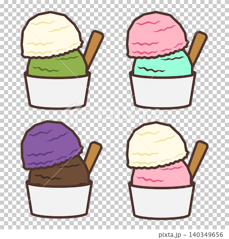 4種類の異なるフレーバーを組み合わせたカップアイスクリームのイラスト 140349656