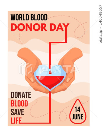 Blood donation poster. Donor world day concept flyer, volunteer hand donate blood bag transfusion leukemia hemophilia awareness red drop heart life save, neat vector illustration Blood donation poster. Donor world day concept flyer, volunteer hand donate blood bag transfusion leukemia hemophilia awareness red drop heart life save, neat vector illustration 140349657