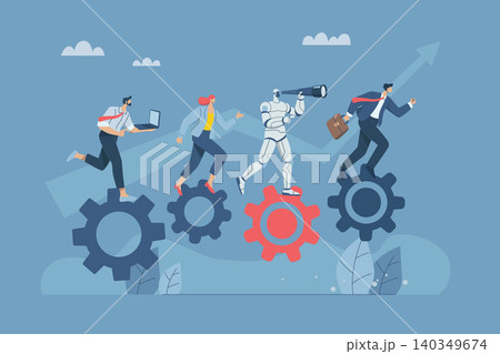 Working together with artificial intelligence, Discovering new opportunities with the support of AI, Driving the concept of efficient work processes, Business teams and robots drive gears together. Working together with artificial intelligence, Discovering new opportunities with the support of AI, Driving the concept of efficient work processes, Business teams and robots drive gears together. 140349674