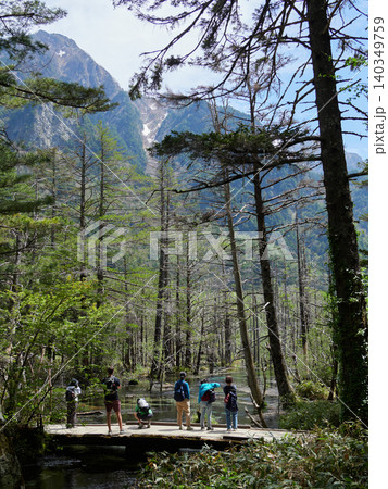 春の観光名所上高地の岳沢湿原の風景を楽しむ観光客の姿 140349759