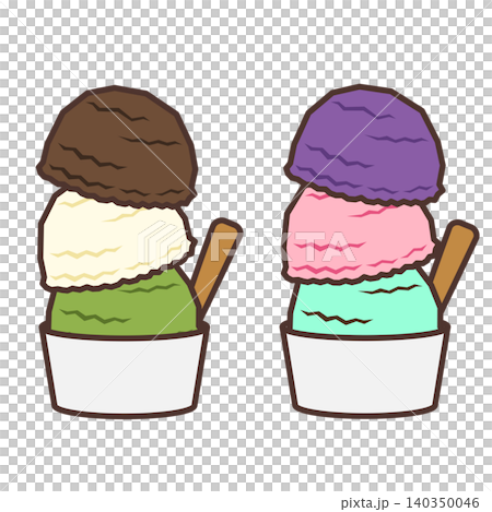 An illustration of colorful three-scoop ice cream in two cups. 140350046