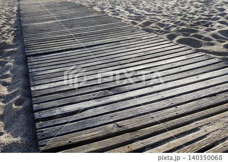 Wooden walkway on the sandy beach. Wooden walkway on the sandy beach. 140350068