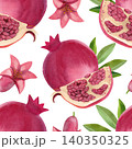 Ripe pomegranate slices with green leaves and flowers, seamless pattern. Hand-drawn watercolor illustration of red fruit and lush greenery for summer decor, cards, packaging, and fabric. 140350325