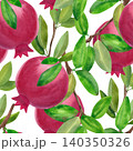 Ripe pomegranate with green leaves, seamless pattern. Hand-drawn watercolor illustration of red fruit and lush greenery for summer decor, cards, packaging, fabric, and cosmetics. 140350326
