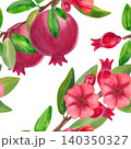 Ripe pomegranate with green leaves and flowers, seamless pattern. Hand-drawn watercolor illustration of red fruit and lush greenery for summer decor, cards, packaging, and fabric. 140350327