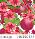 Red pomegranate with green leaves and flowers, seamless pattern. Hand-drawn watercolor illustration of ripe fruit and lush greenery for summer decor, cards, packaging, and fabric. 140350328