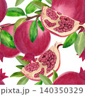 Red pomegranate with green leaves and flowers, seamless pattern. Hand-drawn watercolor illustration of ripe fruit for summer decor, cards, packaging, and fabric. 140350329