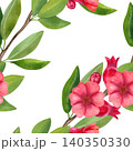 Seamless pattern with a branch with red flowers and green foliage. Hand-drawn watercolor illustration of exotic plants for summer decor, cards, packaging, cosmetics, and fabric. 140350330