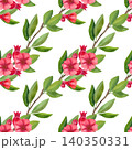 Seamless pattern with a branch with red flowers, pomegranates and green foliage. Hand-drawn watercolor illustration of exotic plants for summer decor, cards, packaging, cosmetics, and fabric. 140350331