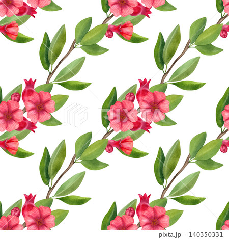 Seamless pattern with a branch with red flowers, pomegranates and green foliage. Hand-drawn watercolor illustration of exotic plants for summer decor, cards, packaging, cosmetics, and fabric. Seamless pattern with a branch with red flowers, pomegranates and green foliage. Hand-drawn watercolor illustration of exotic plants for summer decor, cards, packaging, cosmetics, and fabric. 140350331