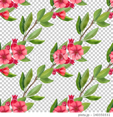 Seamless pattern with a branch with red flowers, pomegranates and green foliage. Hand-drawn watercolor illustration of exotic plants for summer decor, cards, packaging, cosmetics, and fabric. Seamless pattern with a branch with red flowers, pomegranates and green foliage. Hand-drawn watercolor illustration of exotic plants for summer decor, cards, packaging, cosmetics, and fabric. 140350331