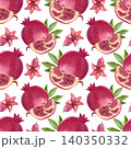 Ripe pomegranate with slices and green leaves, seamless pattern. Hand-drawn watercolor illustration of red fruit and lush greenery for summer decor, cards, packaging, fabric, and cosmetics. 140350332