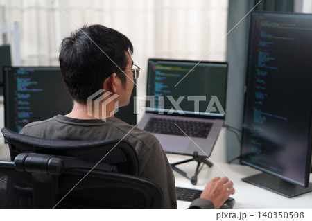 Focused Developer Working on Multiple Monitors for Software Programming and Analysis 140350508