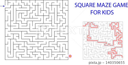 Square maze game vector template for kids with red line solution worksheet and flower goal icon Square maze game vector template for kids with red line solution worksheet and flower goal icon 140350655