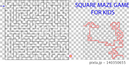 Square maze game vector template for kids with red line solution worksheet and flower goal icon Square maze game vector template for kids with red line solution worksheet and flower goal icon 140350655
