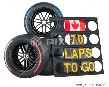 Canadian racing, pit board with flag of Canada and racing wheels. 3D rendering Canadian racing, pit board with flag of Canada and racing wheels. 3D rendering 140350743