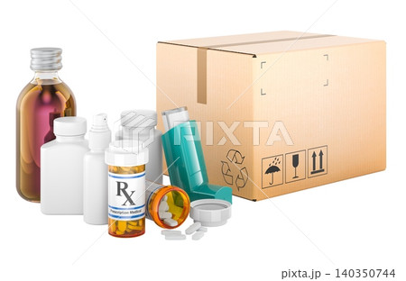 Cardboard parcel with prescription bottles, pills and inhaler. Medicine delivery, online pharmacy and healthcare logistics, concept. 3d rendering 140350744
