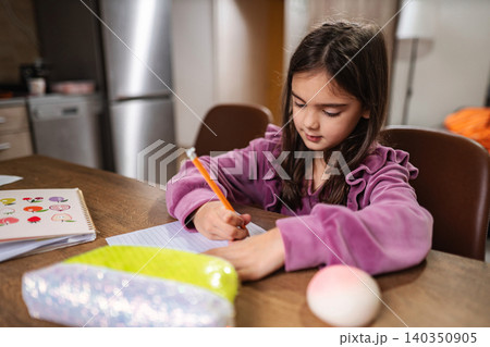 Young girl concentrating on writing homework at home Young girl concentrating on writing homework at home 140350905