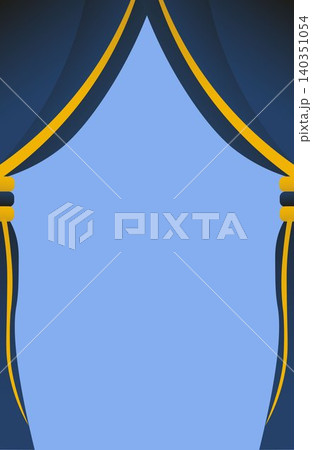 Luxury blue and gold theater curtain background vector template with elegant drapes for stage presentation or cover 140351054