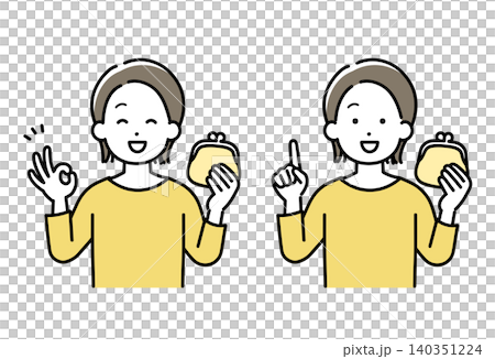財布を持ってOKサイン・説明をする若い女性のイラスト 財布を持ってOKサイン・説明をする若い女性のイラスト 140351224