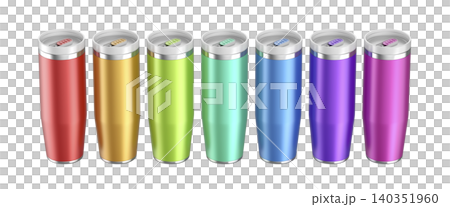 Row of colorful insulated travel cups Row of colorful insulated travel cups 140351960