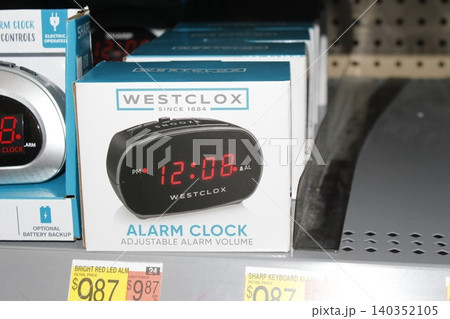 Westclox Alarm Clock in a box closeup on a shelf Westclox Alarm Clock in a box closeup on a shelf 140352105