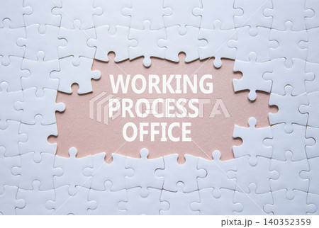 Working Process Office symbol. White puzzle with words Working Process Office. Beautiful pink background. Business concept. Copy space. 140352359