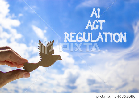 AI act regulation words symbol. Concept words AI artificial intelligence act regulation on beautiful blue sky. Wooden bird. Beautiful blue sky background. Business AI act regulation concept Copy space AI act regulation words symbol. Concept words AI artificial intelligence act regulation on beautiful blue sky. Wooden bird. Beautiful blue sky background. Business AI act regulation concept Copy space 140353096