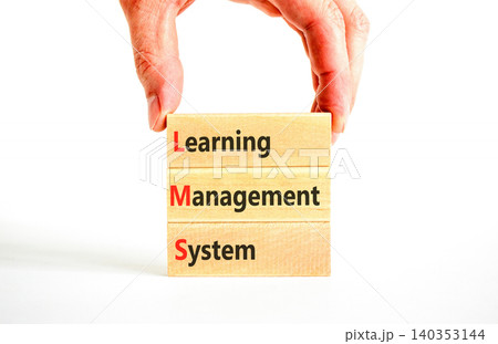 LMS learning management system symbol. Concept words LMS learning management system on beautiful wooden blocks. Beautiful white background. Business LMS learning management system concept. Copy space 140353144