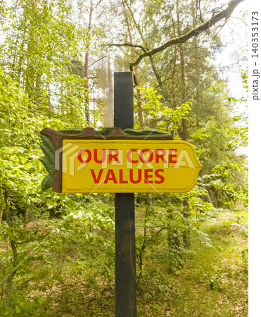 Our core values words symbol. Concept words Our core values on beautiful yellow road sign. Beautiful green forest background. Business our core values motivational support concept. Copy space. Our core values words symbol. Concept words Our core values on beautiful yellow road sign. Beautiful green forest background. Business our core values motivational support concept. Copy space. 140353173
