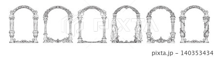 Column arch frame, vector hand drawn Greek pillar border decoration, antique luxury wedding design. Column arch frame, vector hand drawn Greek pillar border decoration, antique luxury wedding design. 140353434