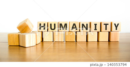 Humanity word symbol. Concept word Humanity on beautiful wooden blocks. Beautiful wooden table white background. Business support help humanity word concept. Copy space. Humanity word symbol. Concept word Humanity on beautiful wooden blocks. Beautiful wooden table white background. Business support help humanity word concept. Copy space. 140353794