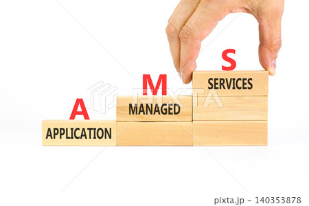 AMS application managed services symbol. Concept words AMS application managed services on beautiful wooden blocks. Businessman hand. Beautiful white background. Business AMS concept. Copy space. AMS application managed services symbol. Concept words AMS application managed services on beautiful wooden blocks. Businessman hand. Beautiful white background. Business AMS concept. Copy space. 140353878