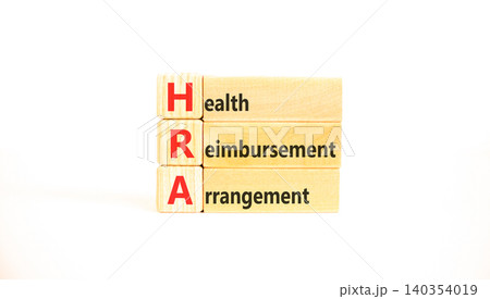 HRA health reimbursement arrangement symbol. Concept words HRA health reimbursement arrangement on beautiful wooden blocks. Beautiful white background. Medical HRA concept. Copy space. HRA health reimbursement arrangement symbol. Concept words HRA health reimbursement arrangement on beautiful wooden blocks. Beautiful white background. Medical HRA concept. Copy space. 140354019