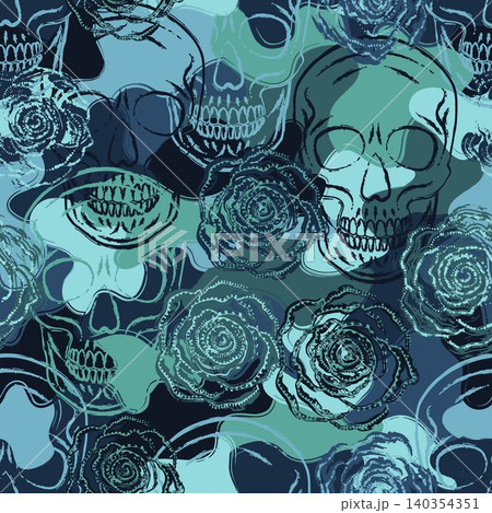 Blue camo pattern with human skulls, roses 140354351