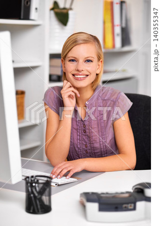 Computer, smile and portrait of woman in office typing for online email for corporate appointment. Happy, technology and young female receptionist working on project with desktop by desk in workplace Computer, smile and portrait of woman in office typing for online email for corporate appointment. Happy, technology and young female receptionist working on project with desktop by desk in workplace 140355347
