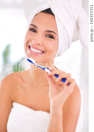 Portrait, woman and toothbrush with smile for whitening, dental health and oral hygiene at home. Happy, female person and mouth for healthy, teeth and fresh breath with brushing and cleaning 140355351